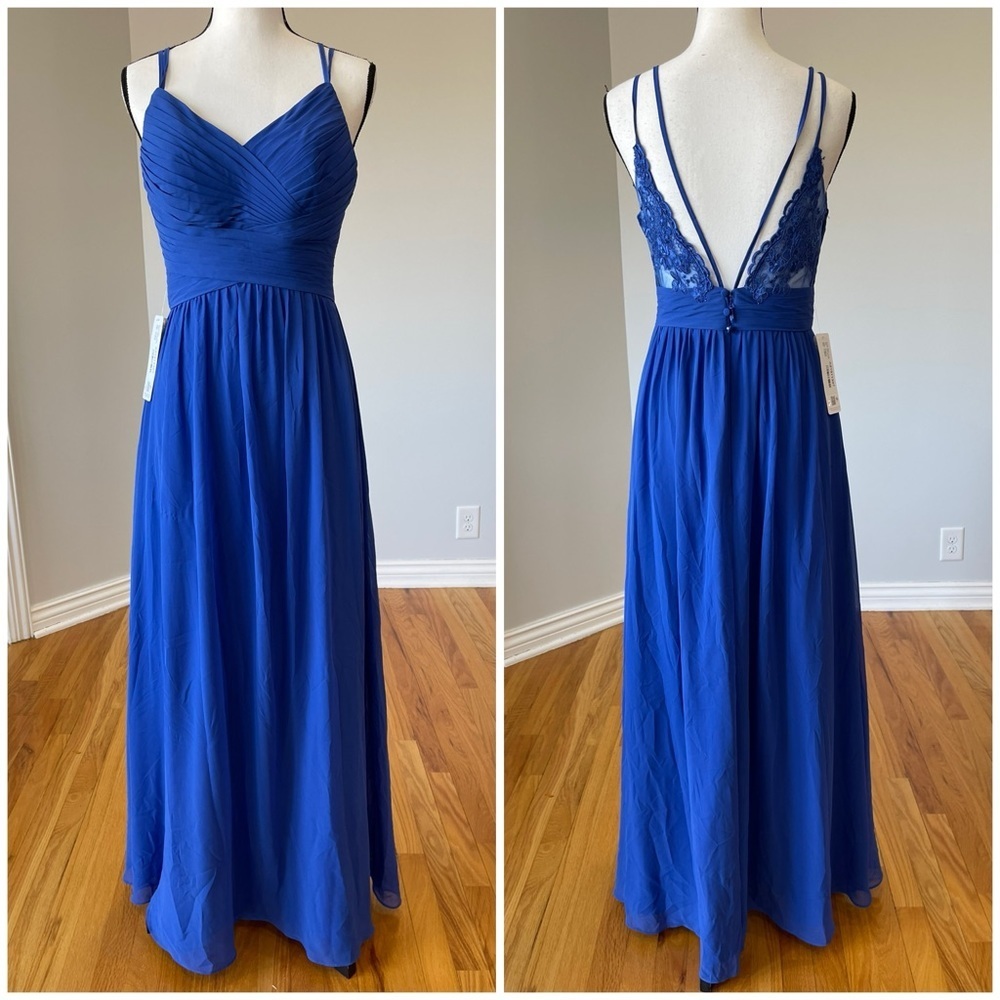 Azazie royal blue wedding bridesmaid formal prom evening gown v neck Maxi NWT